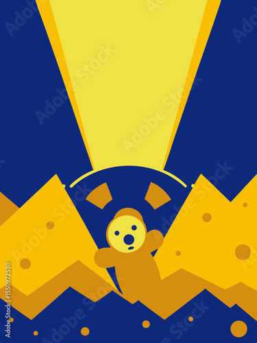 Child's toy amidst rubble, illuminated by a glowing light from a nuclear blast, creating a stark contrast of innocence and destruction in a surreal environment