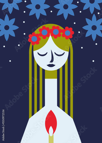 Illustration of a serene woman with long hair and floral crown, holding a candle surrounded by stars and flowers, symbolizing light and celebration during the summer solstice festival