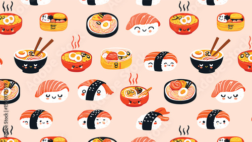 Adorable Japanese Food Seamless Pattern Kawaii Sushi, Ramen, and Bento Box Illustration