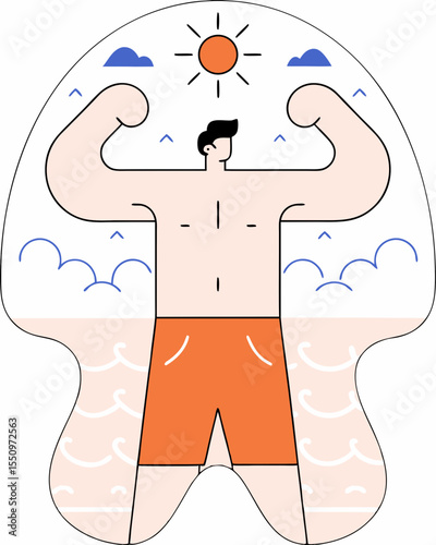 Cheerful young man flexing muscles in bright orange shorts, standing confidently on beach with sun shining and waves in background, embodying strength and positivity