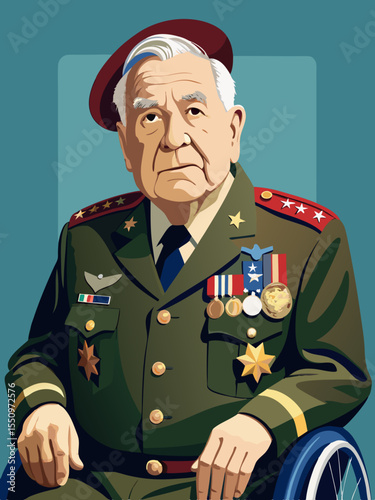 Proud elderly war veteran in wheelchair, wearing military medals on chest, showcasing bravery and honor, with a dignified expression and vibrant background