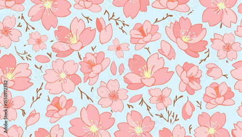 Elegant Pink Cherry Blossom Floral Pattern Seamless Spring Design for Textile, Wallpaper, and Fabric Prints