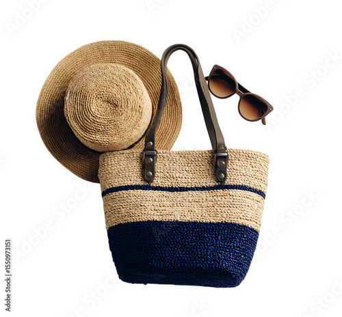A straw bag, sunglasses, and a hat on a transparent background.