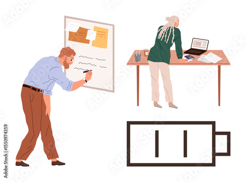Male writing on a board, female working on a laptop, low battery icon. Ideal for teamwork, project planning, office productivity, fatigue, brainstorming, energy management simple flat metaphor