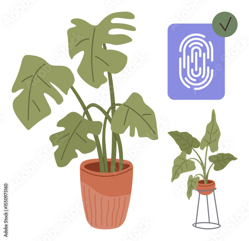 Potted plants with lush green leaves accompanied by a biometric fingerprint icon indicating approval. Ideal for eco-technology, smart living, security, innovation, environment, digital identity