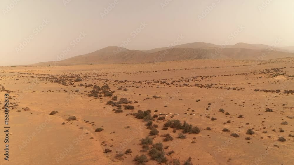 Wide, static aerial view of the vast, arid desert landscape near Tan-Tan, with sparse vegetation and distant mountains veiled in haze, Morocco