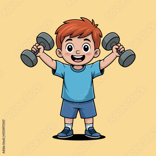 Boy Flexing Muscles with Dumbbells