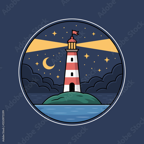Lighthouse Shining Light on Ocean photo