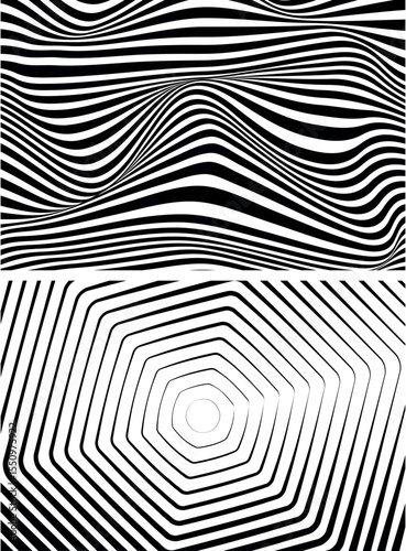 Optical illusion spiral with black and white stripes. Twisting Whirl Motion. Modern liquify lines effect background.