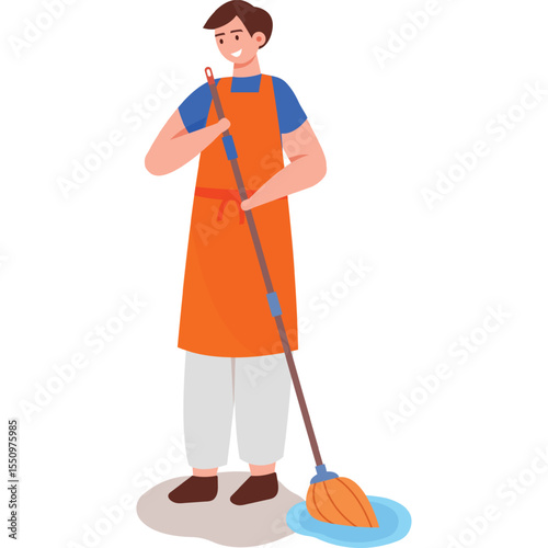 janitor cleaning floor in bakery vector icon isolated on white