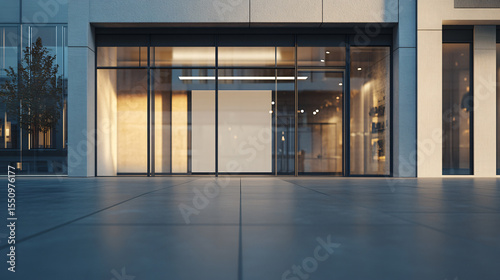 Contemporary Building with Empty Shop Window Mockup and Reflection on Glass Wall