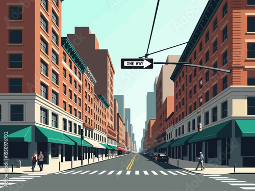 One way sign in front of historic buildings at the busy intersection of Broadway and Greene Street in the SoHo neighborhood of New York City (