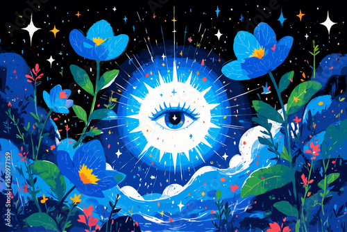 square format, mystical card back design, deep celestial total blues and blue smooth gradients, stylized eye inside a radiant blue sun