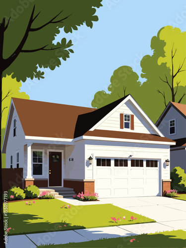 suburban bungalow with attched 2-car garage and lush green lawn 