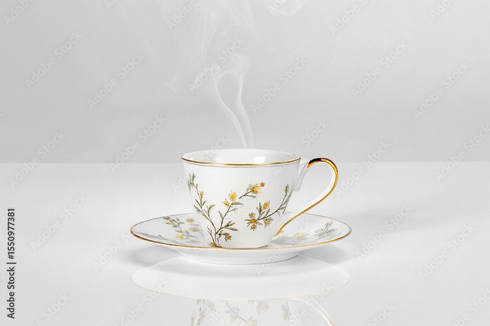 Fototapeta premium Steaming porcelain teacup with gold trim on white background