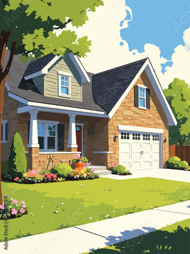 suburban bungalow with attched 2-car garage and lush green lawn 