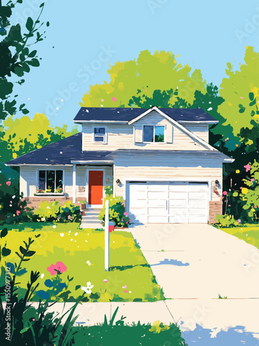suburban bungalow with attched 2-car garage and lush green lawn 