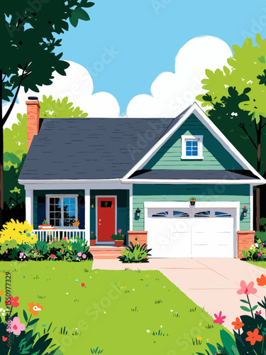 suburban bungalow with attched 2-car garage and lush green lawn 