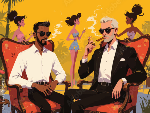  two black men sitting in lounge chairs smoking cigars, wearing sunglasses The black man on the right is mid 60s the black man in the left chair is in his mid 40s