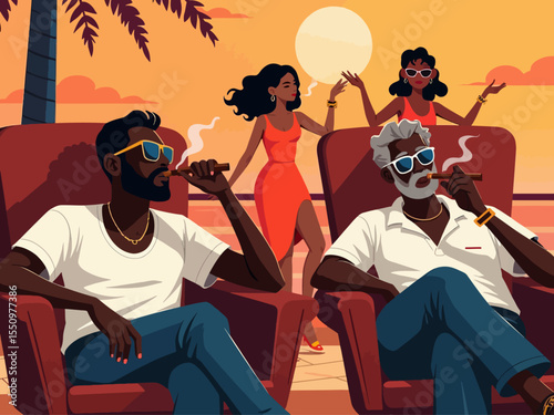  two black men sitting in lounge chairs smoking cigars, wearing sunglasses The black man on the right is mid 60s the black man in the left chair is in his mid 40s