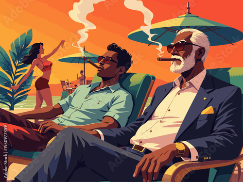  two black men sitting in lounge chairs smoking cigars, wearing sunglasses The black man on the right is mid 60s the black man in the left chair is in his mid 40s