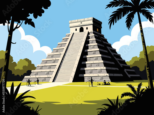 Vsai chichen itza mayan pyramid surrounded by lush tropical vegetation