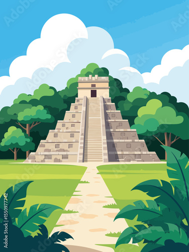 Vsai chichen itza mayan pyramid surrounded by lush tropical vegetation