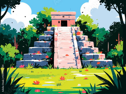 Vsai chichen itza mayan pyramid surrounded by lush tropical vegetation