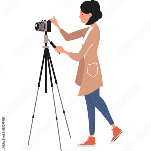woman doing photography by camera on tripod vector hobby icon isolated on white