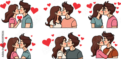 cute cartoon Kissing vector shape and outline with hearts and sparkles around.
