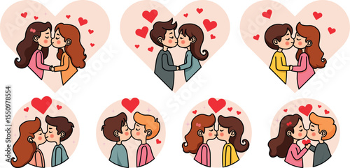 cute cartoon Kissing vector shape and outline with hearts and sparkles around.