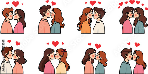 cute cartoon Kissing vector shape and outline with hearts and sparkles around.