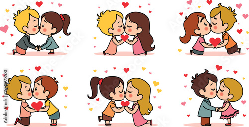 cute cartoon Kissing vector shape and outline with hearts and sparkles around.
