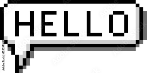 Pixel hello in pixel bubble text vector, featuring a retro, 8-bit style. Ideal for gaming communication, digital greetings, vintage tech messages, or nostalgic interface elements.