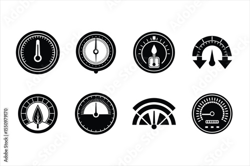 Minimalist Gauge and Meter Icon Set – Performance, Health, Speed, and Efficiency Indicators in Black Silhouette Style