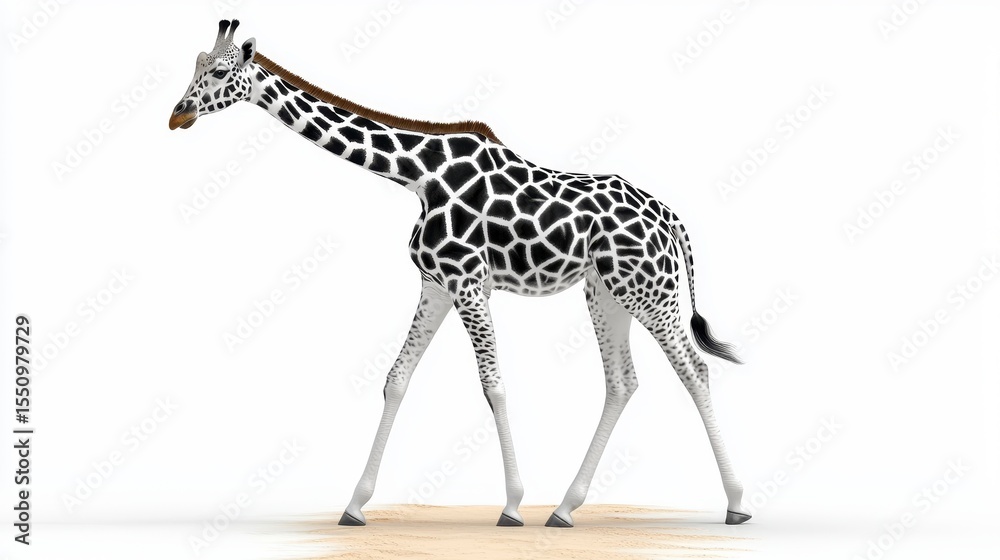 Fototapeta premium Realistic Giraffe Walking in Desert Landscape Against White Background