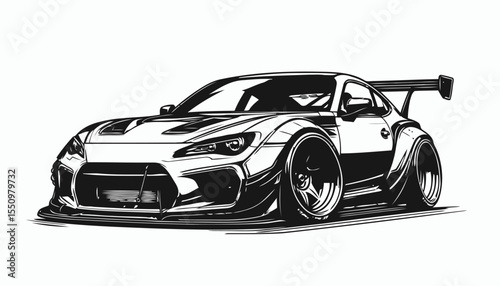 Wide Body Sports Car Vector Illustration – Aggressive Stance with Large Spoiler