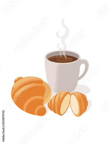 Coffee tea and croissants with cup vector illustration design