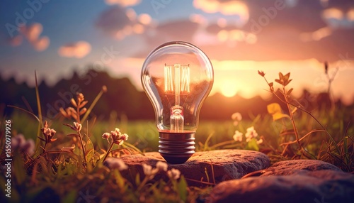La luz de una bombilla brilla sobre un campo al atardecer, enmarcando la esperanza de un futuro donde la energía sea un acto de respeto