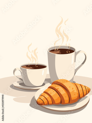 Coffee tea and croissants with cup vector illustration design