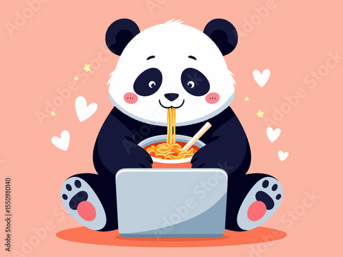 Cute panda using laptop and eating ramen noodles Cartoon