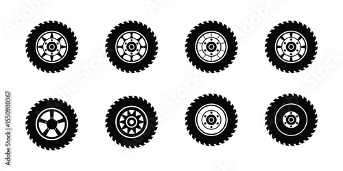 Tires and wheels Vector. Collection of black and white icons of off road vehicle