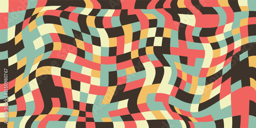 Distorted Checkered Patch Grid. Retro Colors Background. Geometric Pattern with Distortion Effect. 