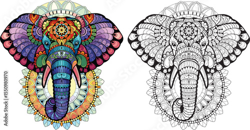 Mandala Elephant Head – Colored & Black-and-White Vector for Coloring Books, Posters, PPT, projects, and Wall Art.
