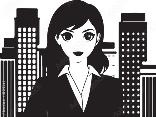 Modern Professional in the City: A confident businesswoman stands tall amidst a cityscape, embodying ambition and urban success in a striking black-and-white illustration.