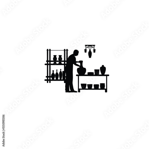 Silhouette of a ceramic artist glazing pots in a workshop on white background