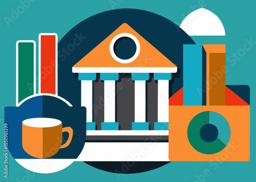 Financial Institution and Business Data Abstract Illustration with Building Graph Bars Coffee Cup and Pie Chart on Teal Background