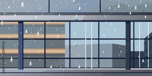 Rainy Day Cityscape with Modern Architecture and Water Droplets on Glass Windows Creating a Moody and Atmospheric Scene