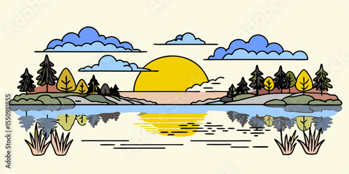 Minimalist Landscape Illustration of a Lake at Sunset with Trees and Clouds Reflected in the Water