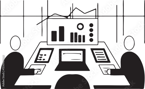 Business Collaboration in Modern Data: Two figures at a control panel monitor data, with business graphs and charts on display.